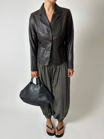 Leather fitted blazer | Dark brown