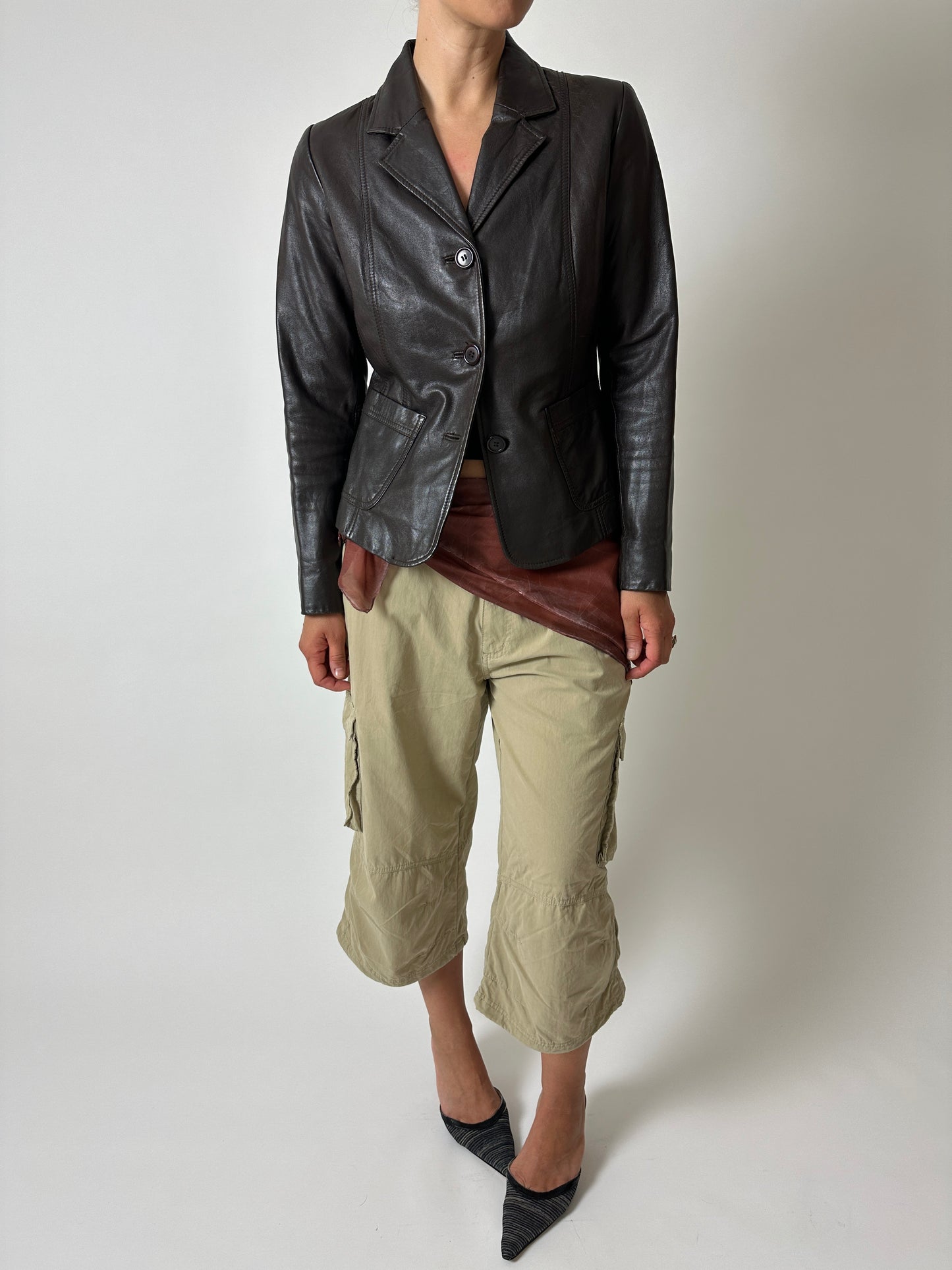 Leather fitted blazer | Dark brown