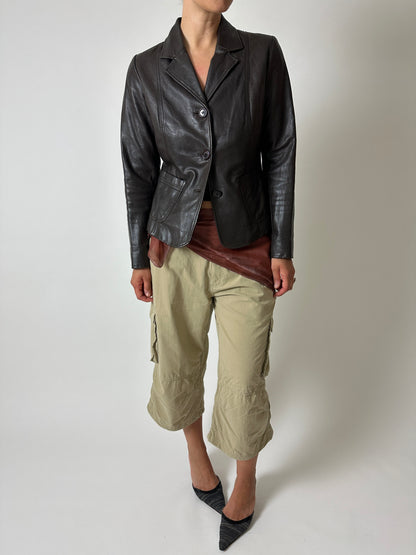Leather fitted blazer | Dark brown