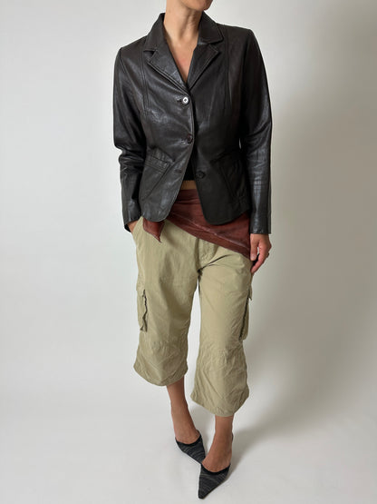 Leather fitted blazer | Dark brown