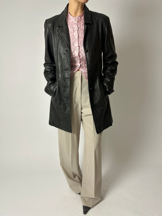 Leather relaxed coat | Black