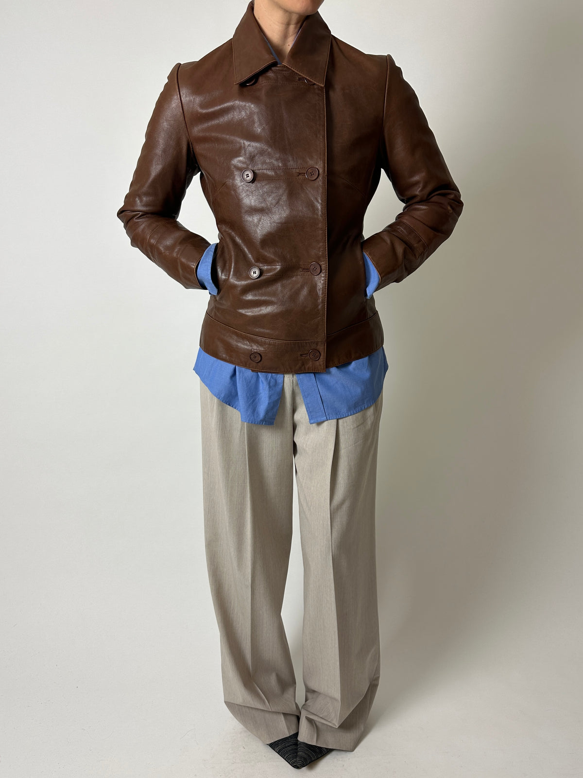 Double-breasted leather jacket | Brown