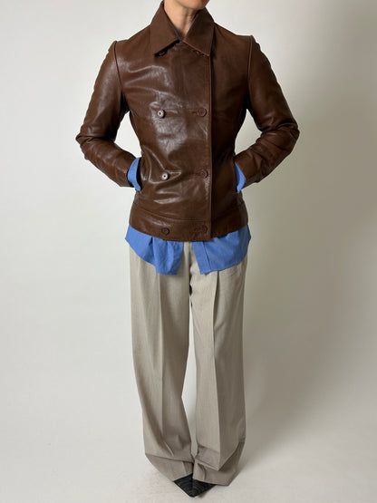 Double-breasted leather jacket | Brown