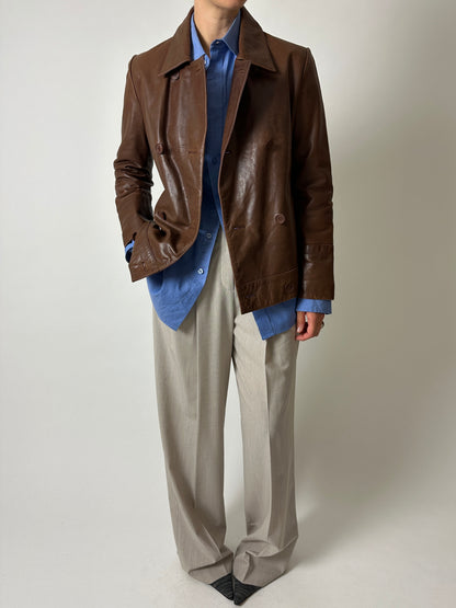 Double-breasted leather jacket | Brown