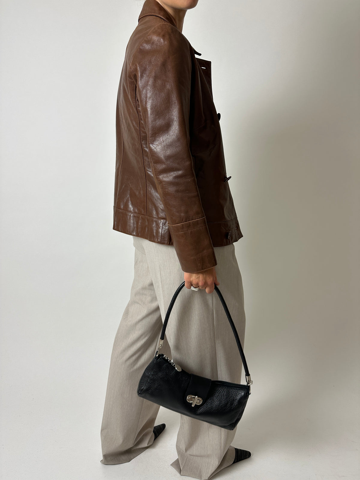 Double-breasted leather jacket | Brown