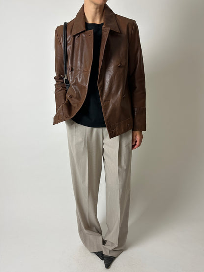 Double-breasted leather jacket | Brown