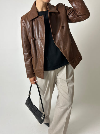 Double-breasted leather jacket | Brown