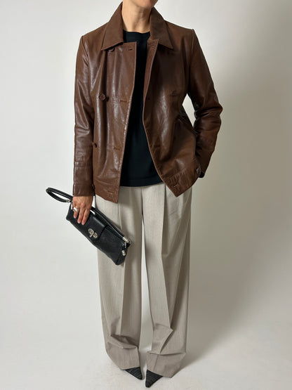 Double-breasted leather jacket | Brown