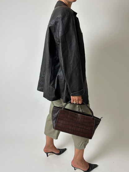 Leather minimal jacket | Dark brown