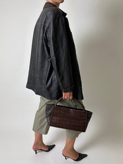 Leather minimal jacket | Dark brown