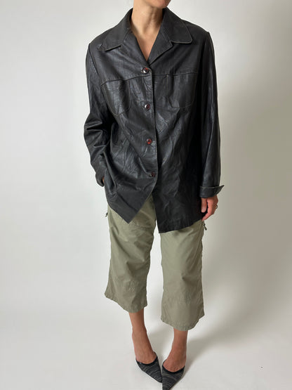 Leather minimal jacket | Dark brown