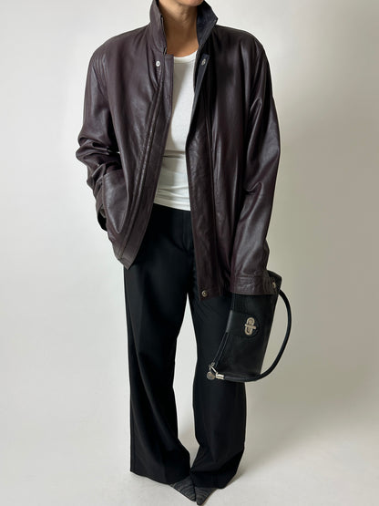 Leather funnel-neck jacket | Aubergine brown