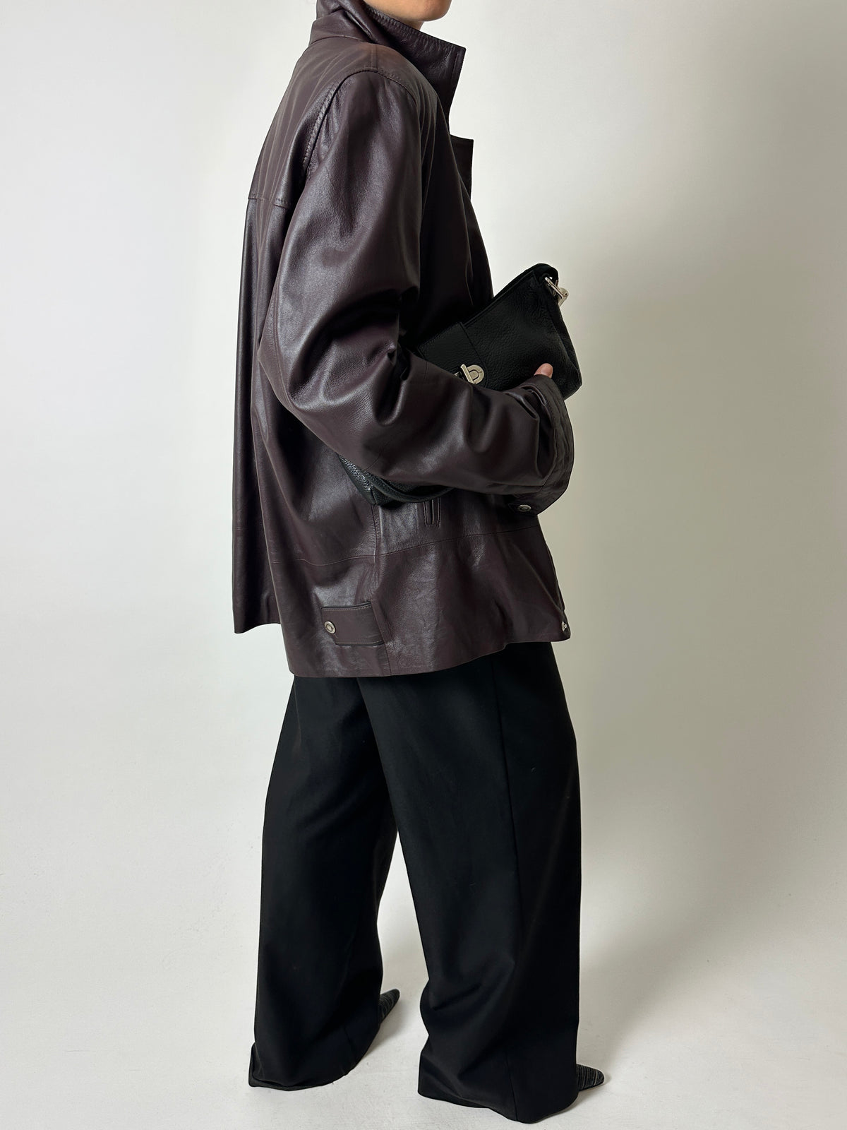 Leather funnel-neck jacket | Aubergine brown