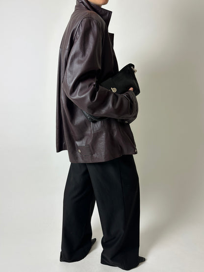 Leather funnel-neck jacket | Aubergine brown