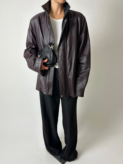 Leather funnel-neck jacket | Aubergine brown