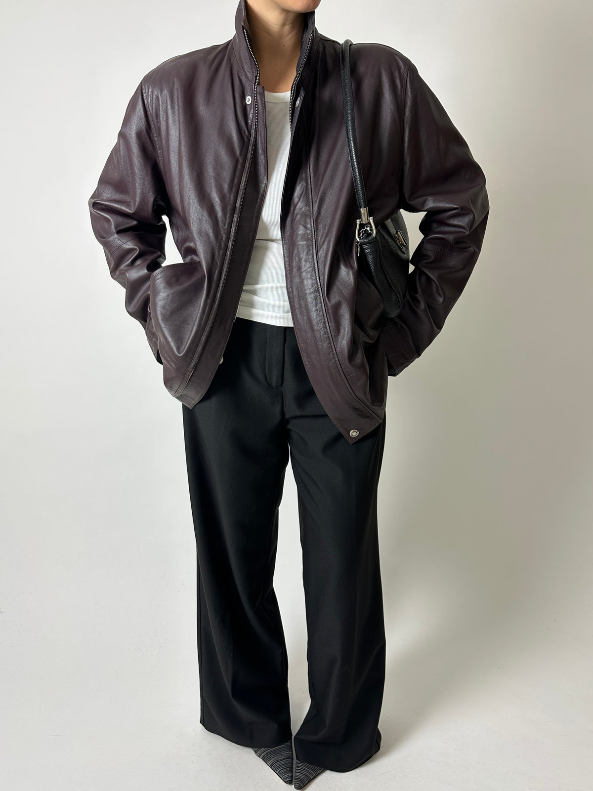 Leather funnel-neck jacket | Aubergine brown