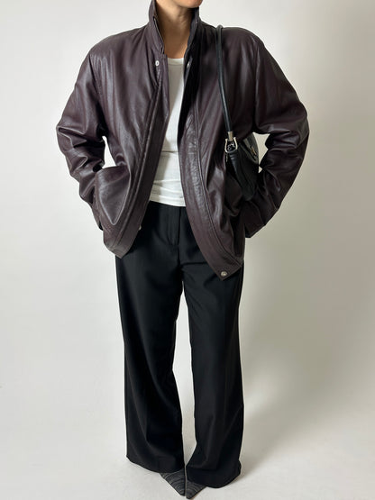 Leather funnel-neck jacket | Aubergine brown