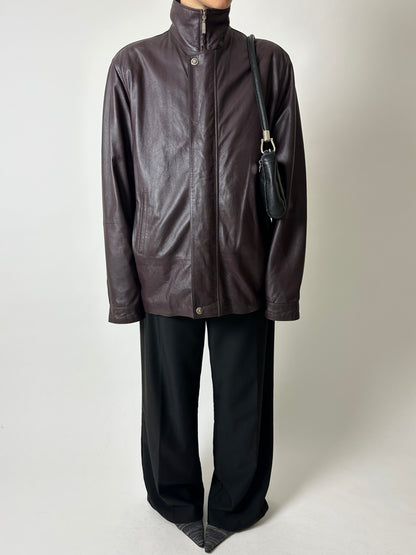 Leather funnel-neck jacket | Aubergine brown
