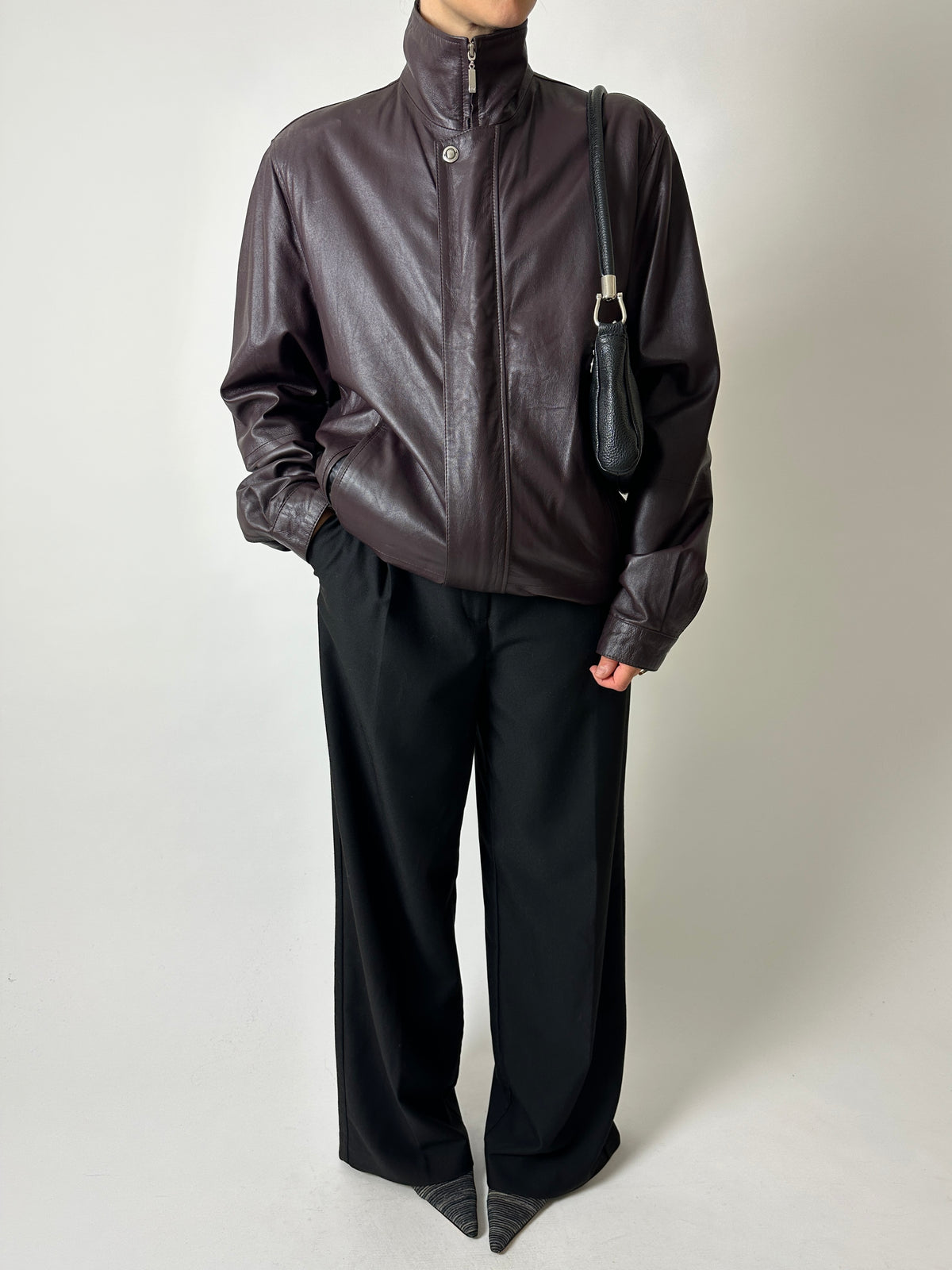 Leather funnel-neck jacket | Aubergine brown