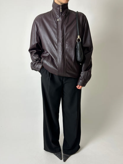 Leather funnel-neck jacket | Aubergine brown