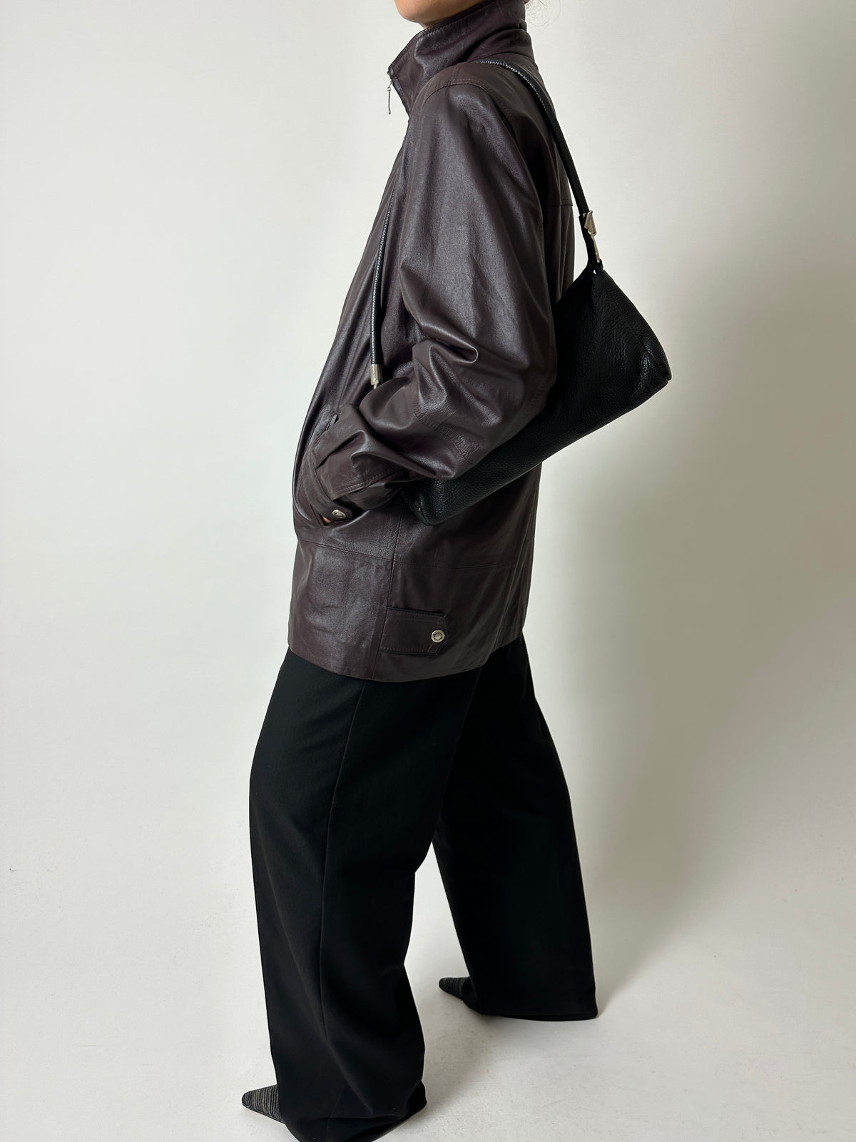 Leather funnel-neck jacket | Aubergine brown