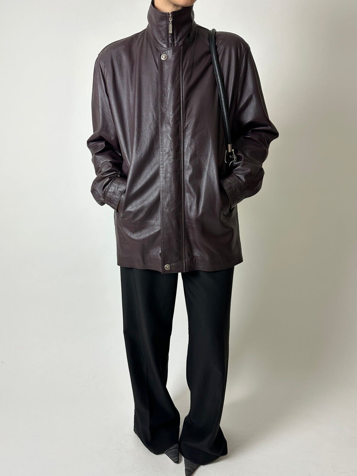 Leather funnel-neck jacket | Aubergine brown