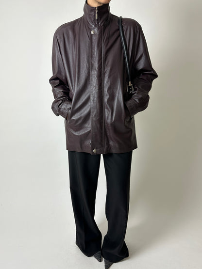 Leather funnel-neck jacket | Aubergine brown
