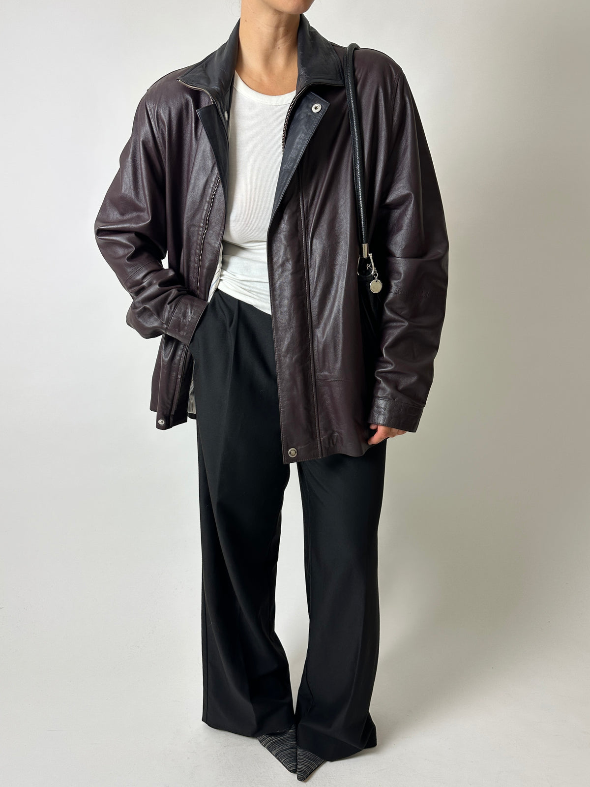 Leather funnel-neck jacket | Aubergine brown