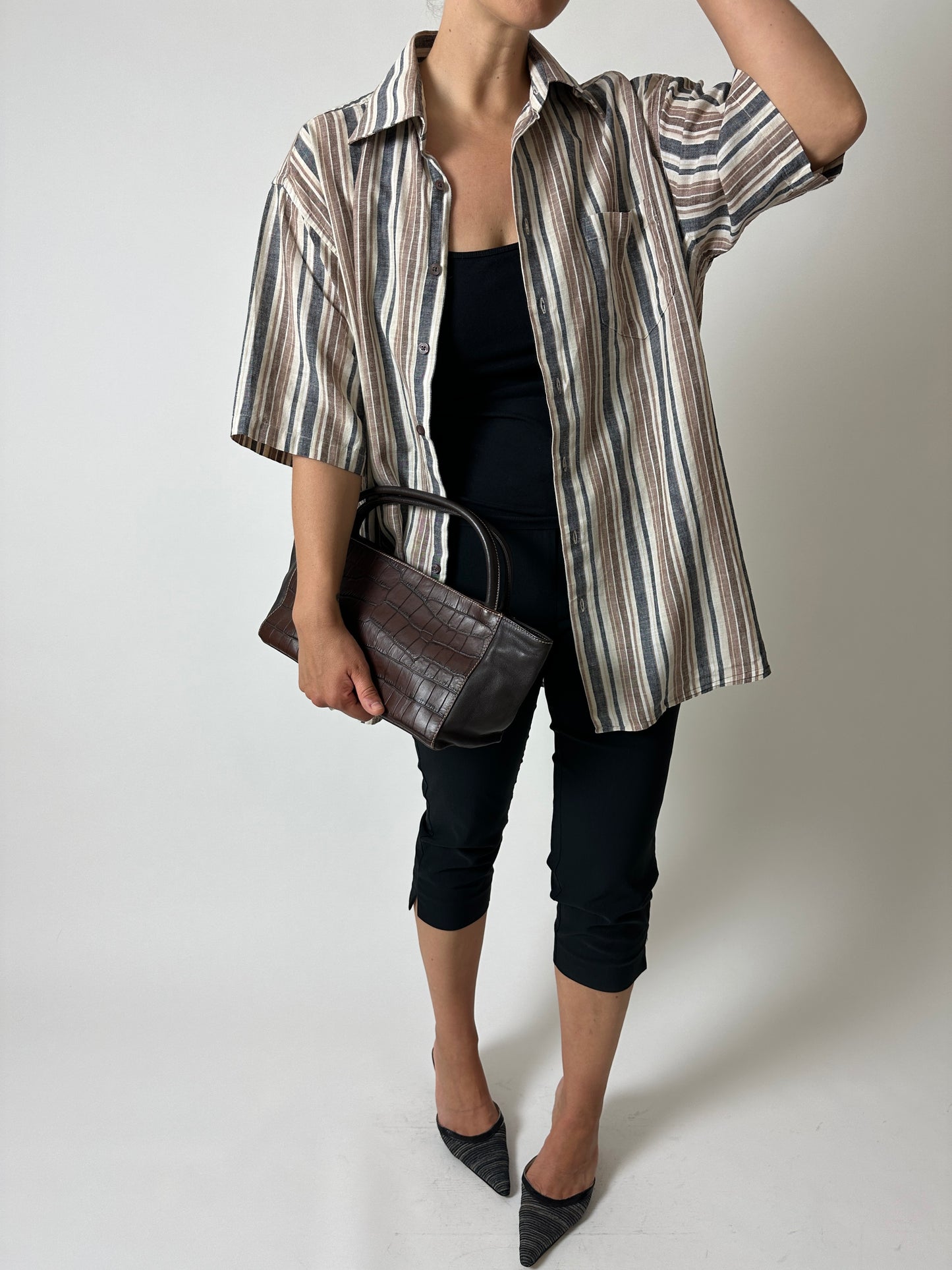 Cotton striped shirt | Black / Brown
