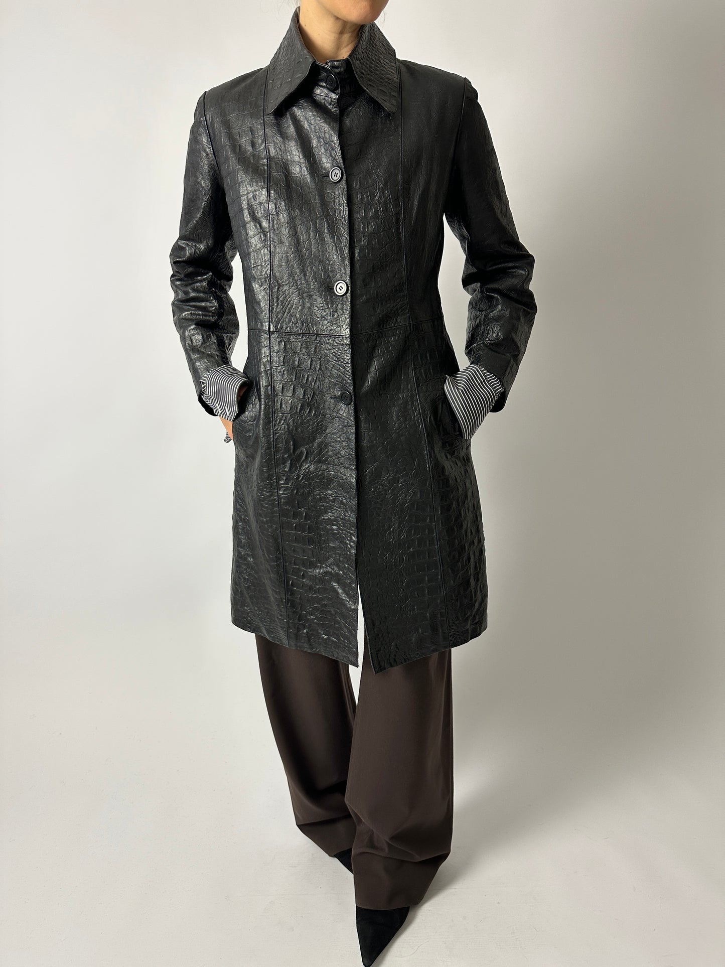 Croc-embossed leather coat | Black