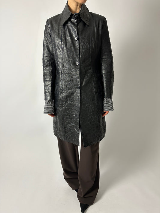 Croc-embossed leather coat | Black