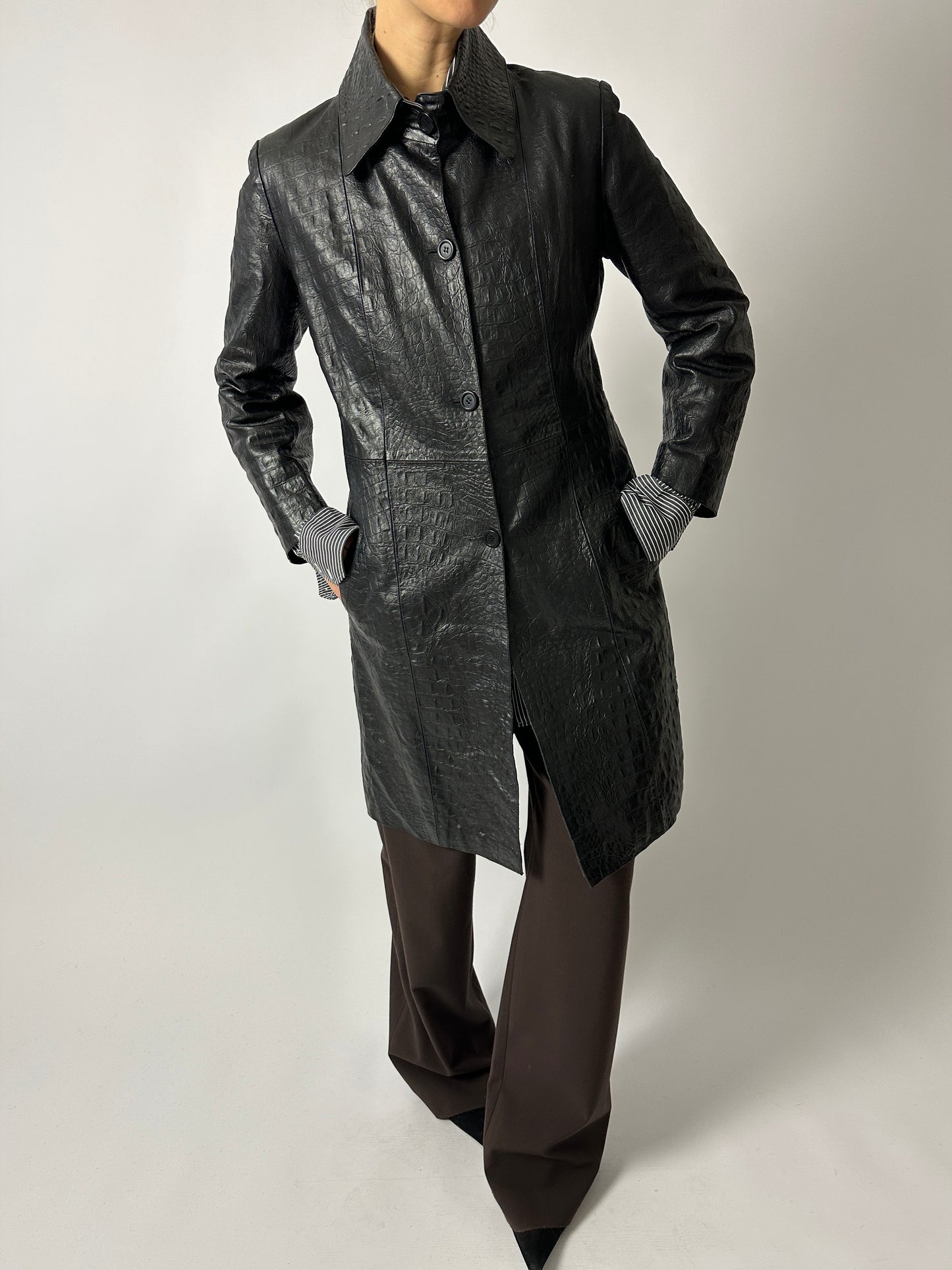 Croc-embossed leather coat | Black