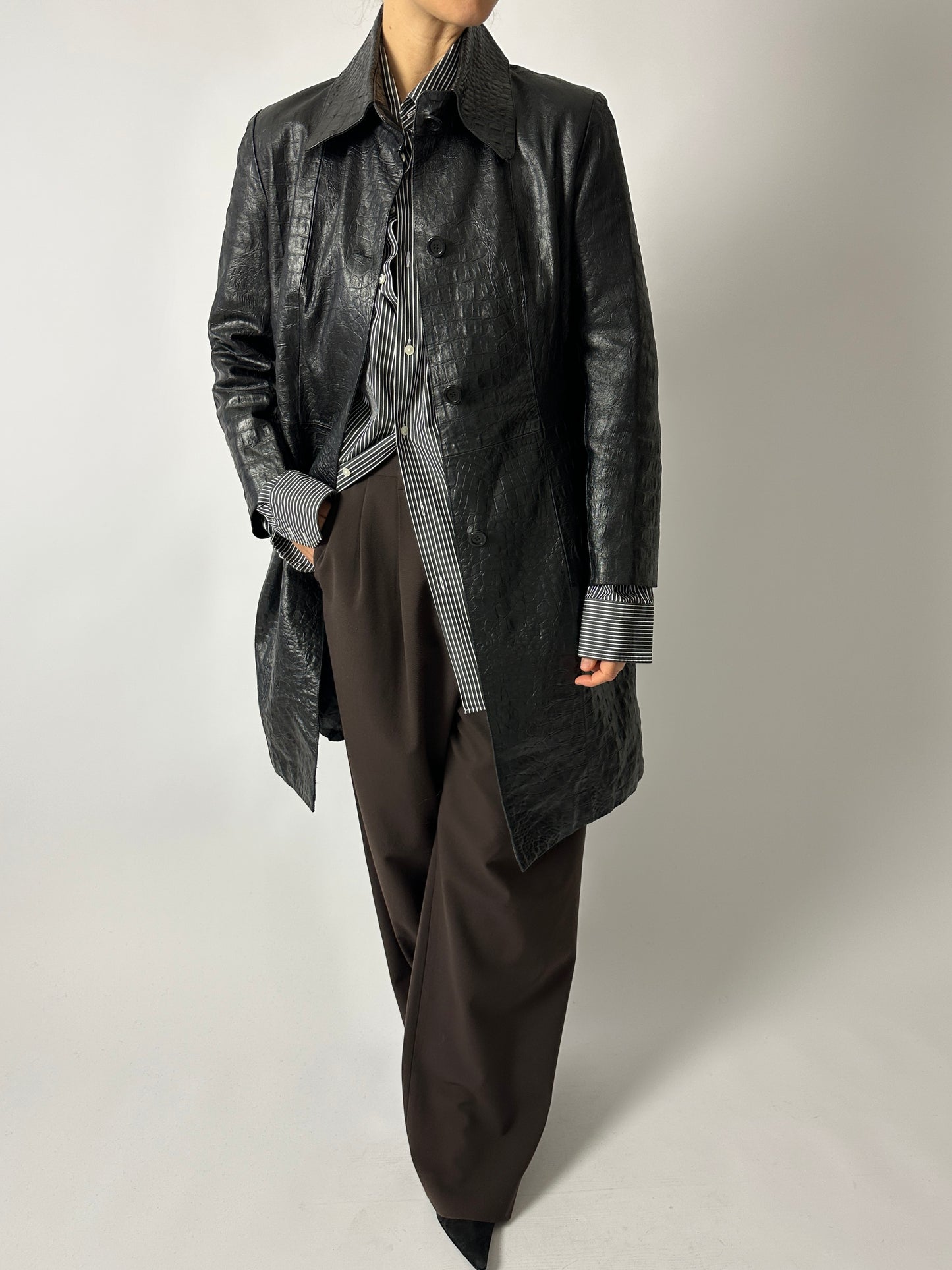 Croc-embossed leather coat | Black