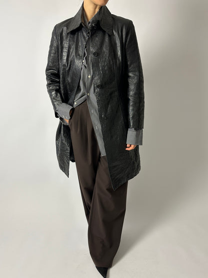 Croc-embossed leather coat | Black