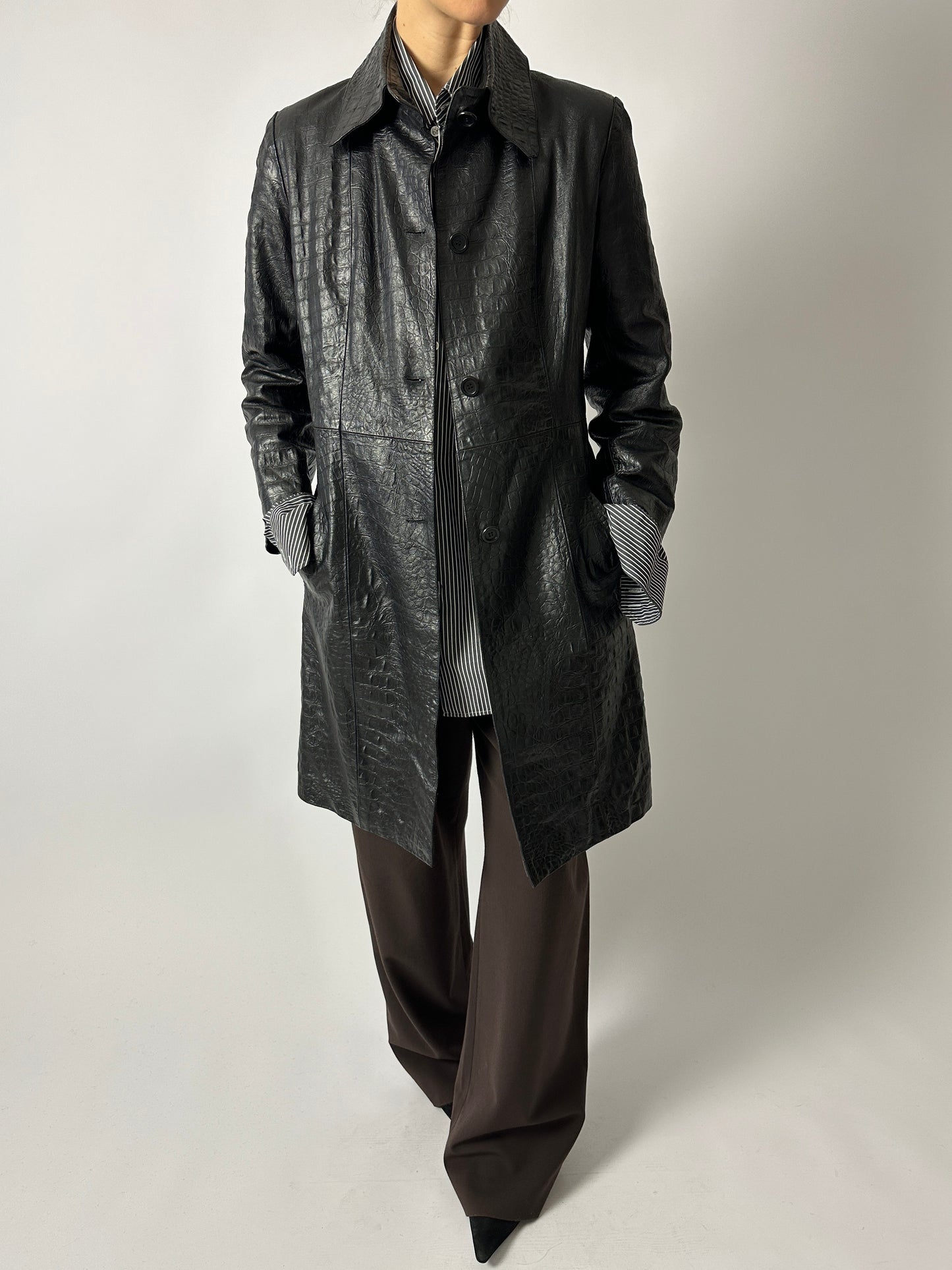 Croc-embossed leather coat | Black