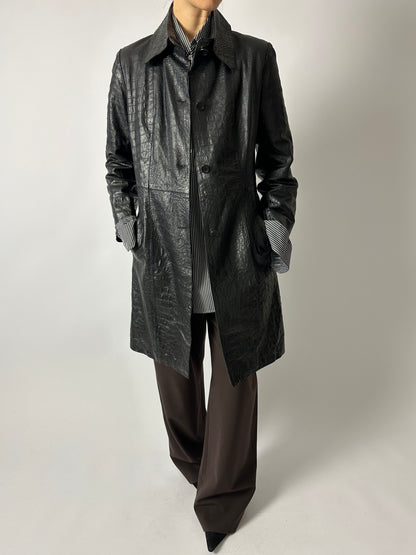 Croc-embossed leather coat | Black