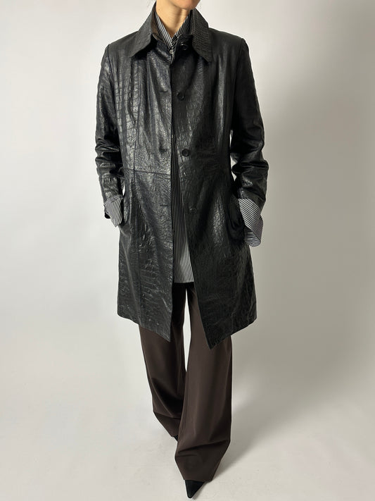 Croc-embossed leather coat | Black