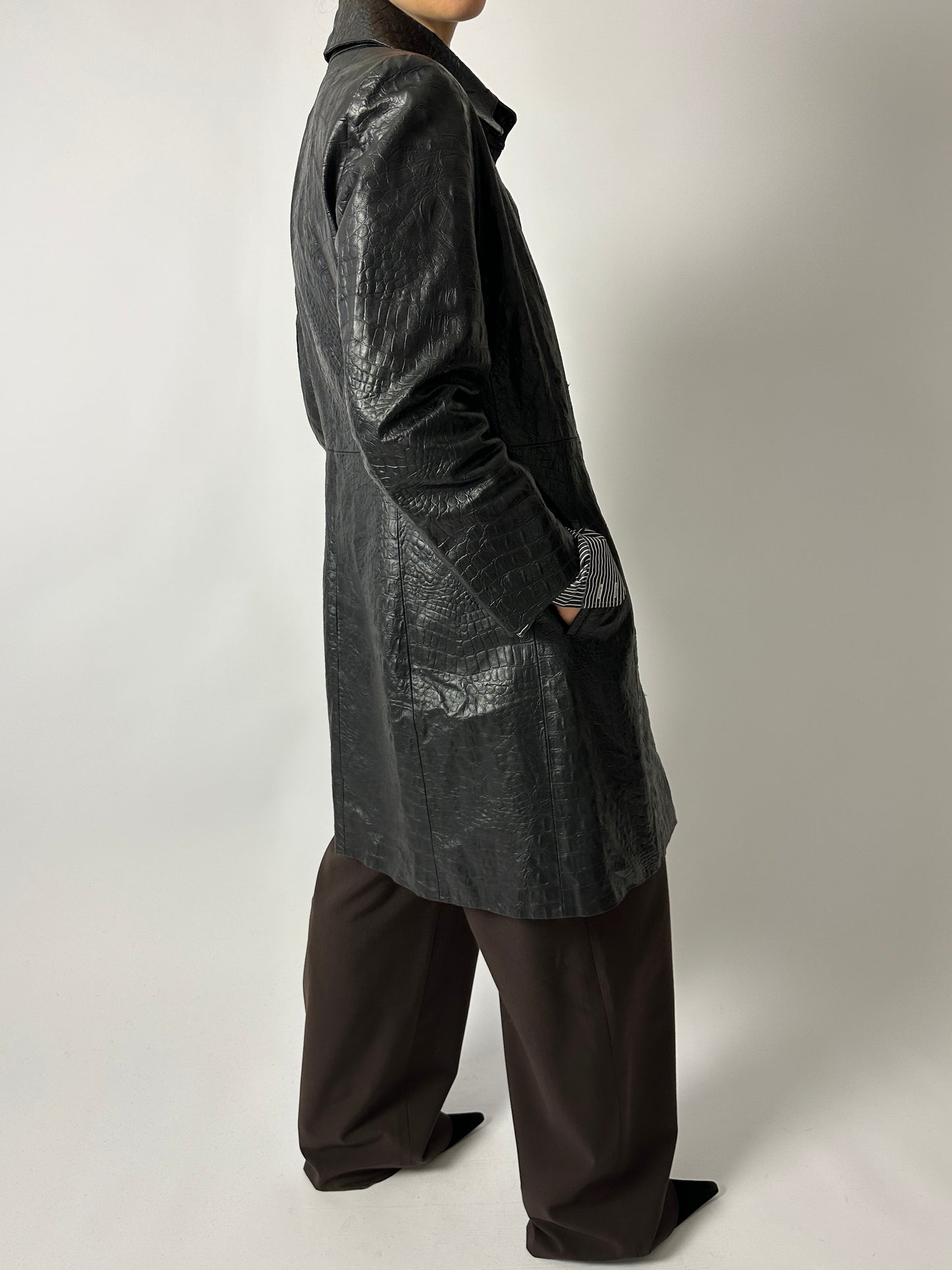 Croc-embossed leather coat | Black