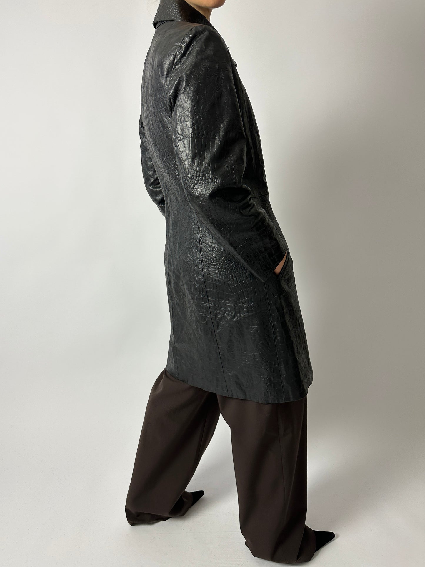 Croc-embossed leather coat | Black