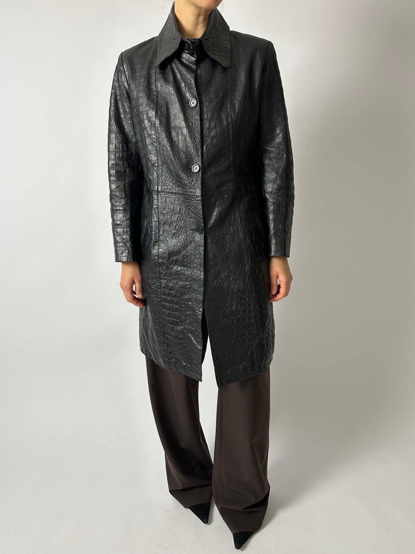 Croc-embossed leather coat | Black