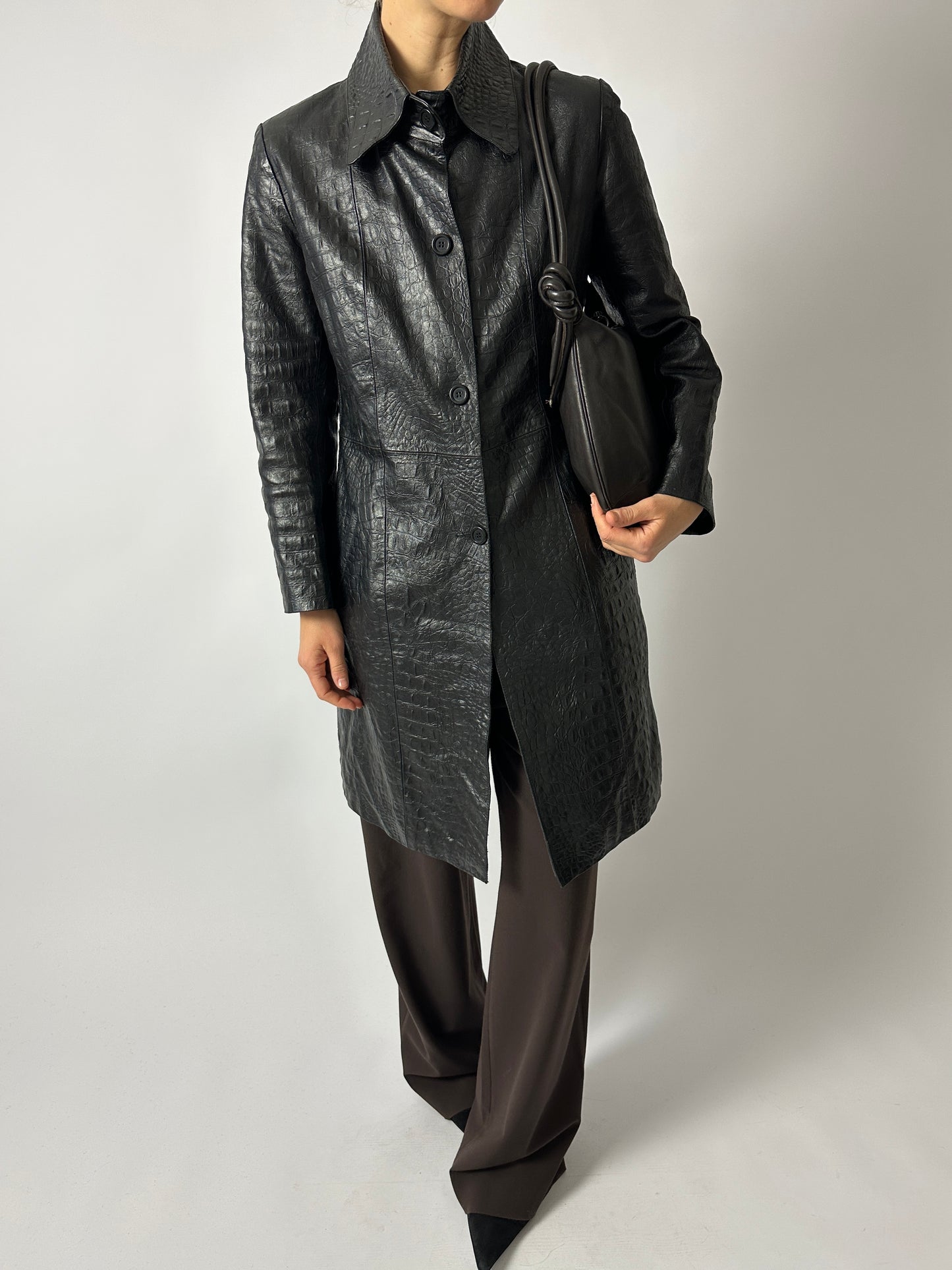 Croc-embossed leather coat | Black