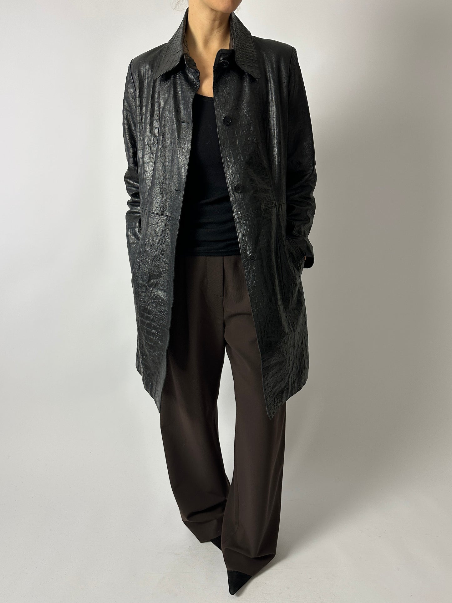 Croc-embossed leather coat | Black