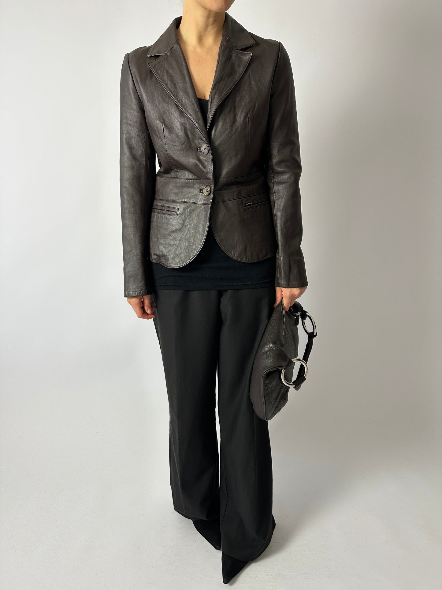 Leather blazer jacket | Dark brown