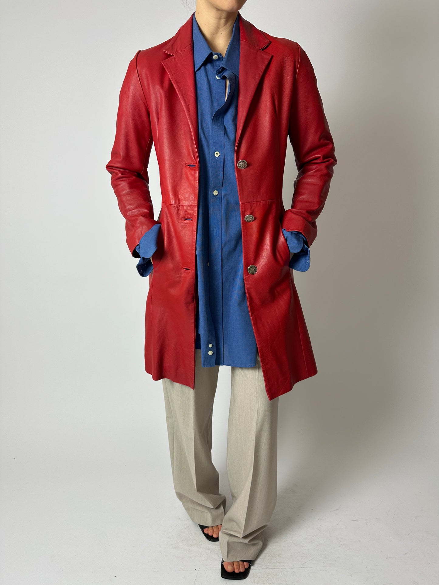 Long leather coat | Bright red