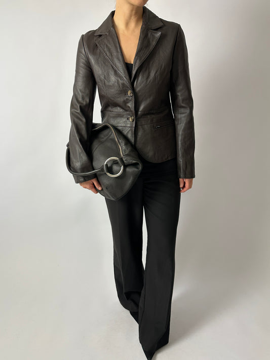 Leather blazer jacket | Dark brown