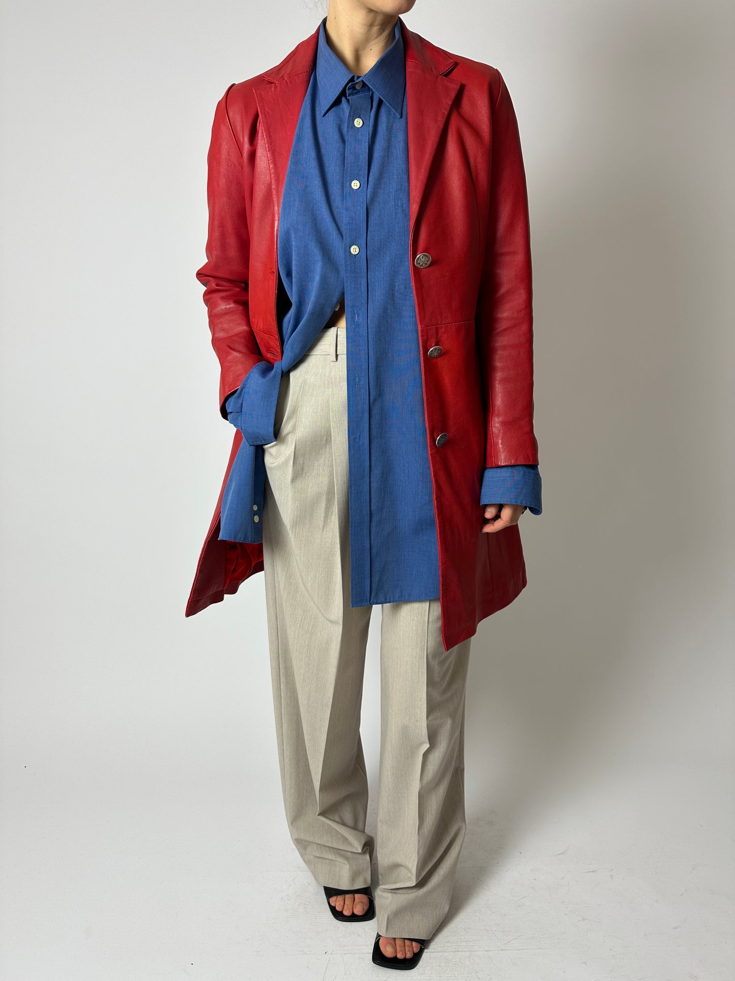 Long leather coat | Bright red