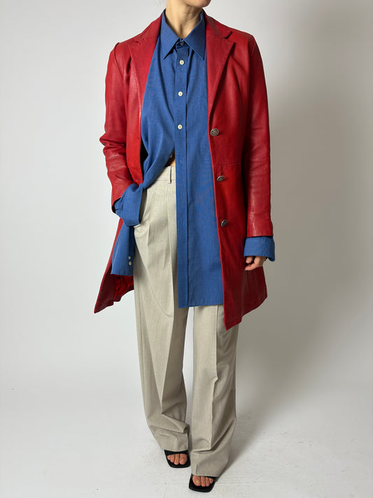 Long leather coat | Bright red