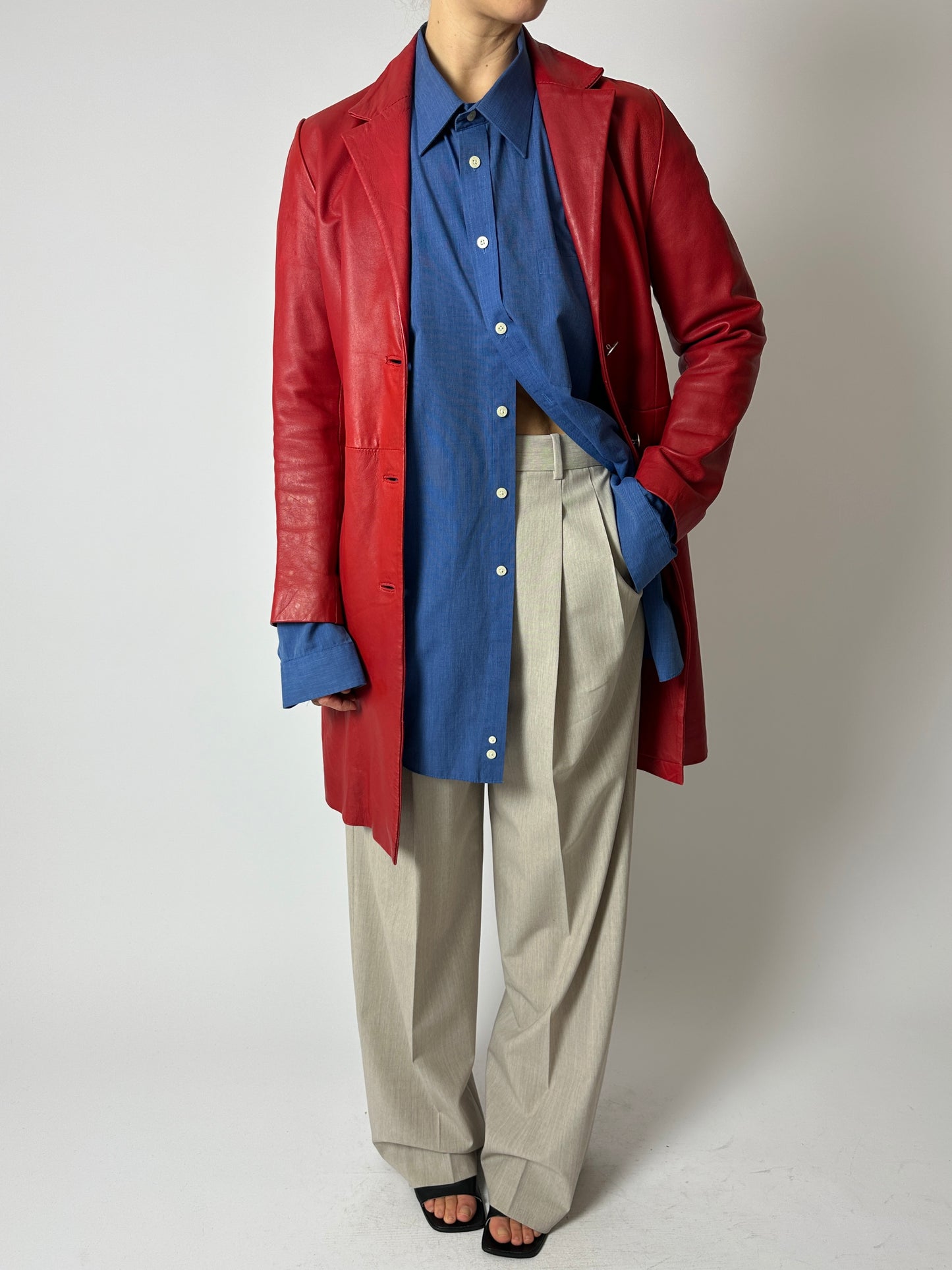 Long leather coat | Bright red