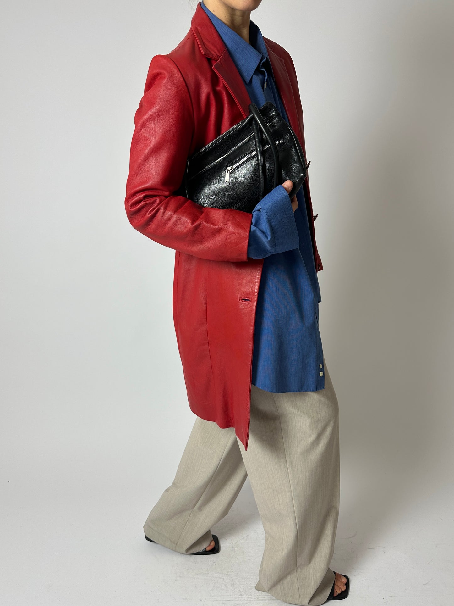 Long leather coat | Bright red