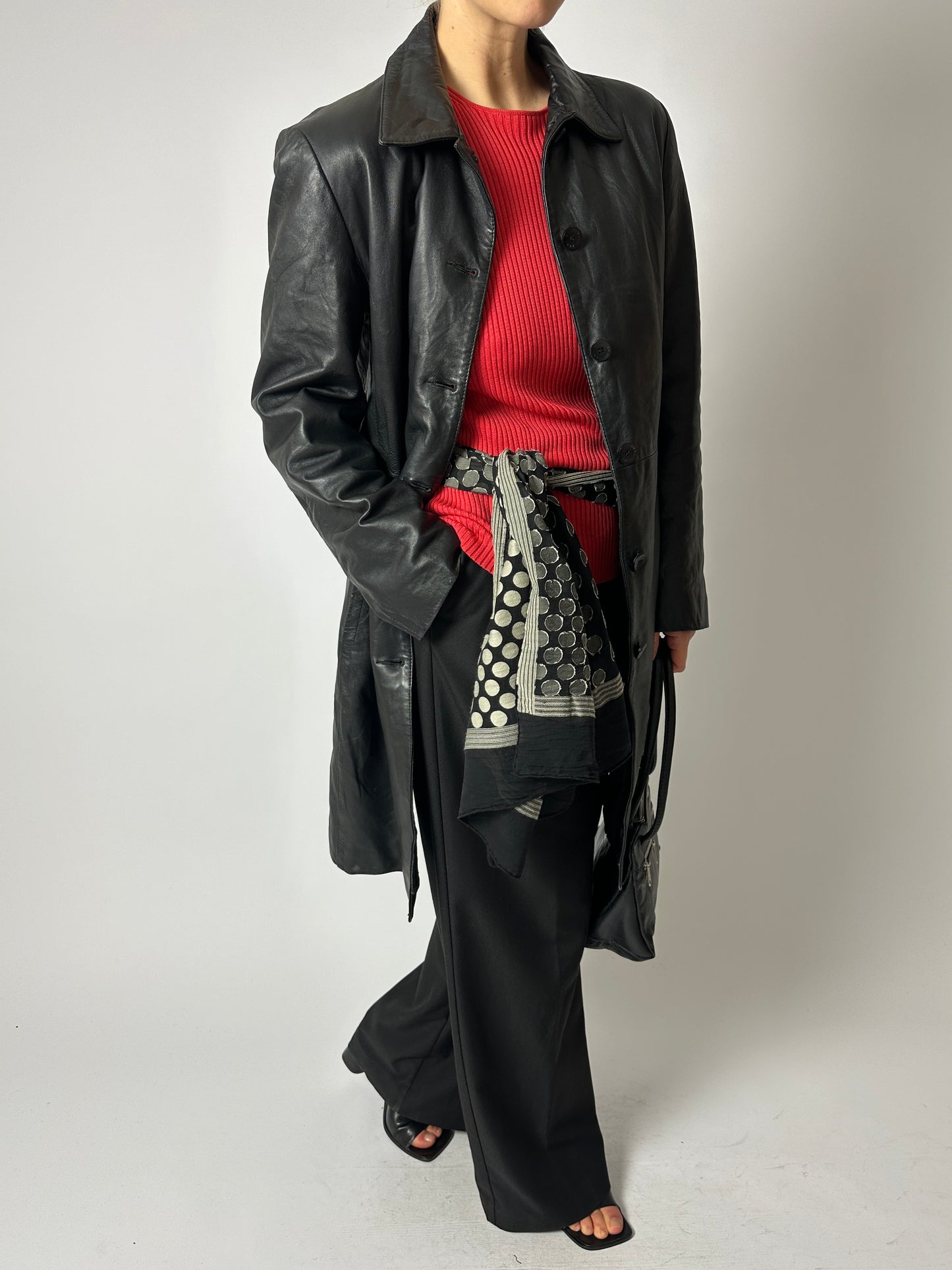 Leather relaxed coat | Black